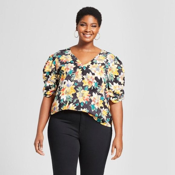 Ava & Viv Women Blouse Plus Sz X 14W Floral Print Top Black Yellow Ruched Sleeve - Picture 1 of 10